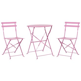 Beliani Conjunto De Balc&oacute;n 3 Piezas Mesa Redonda Sillas De Acero Exterior Rosa Fiori