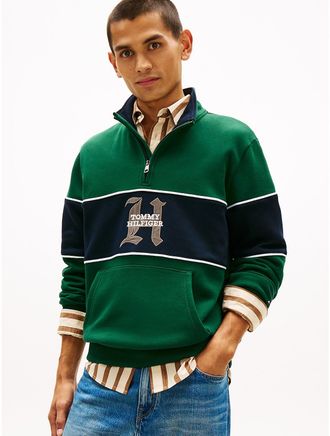 Tommy Hilfiger Mens Block Stripe Logo Quarter-Zip Sweatshirt - Green - XXL