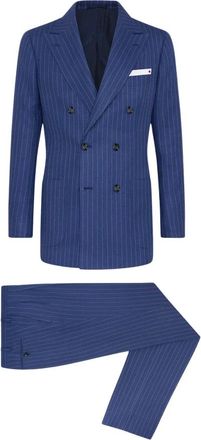 Kiton Nadelstreep Double-Breasted Kasjmier Linnen Pak - Heren - Business pakken - Blauw - 2XL - Linnen - Kostuums