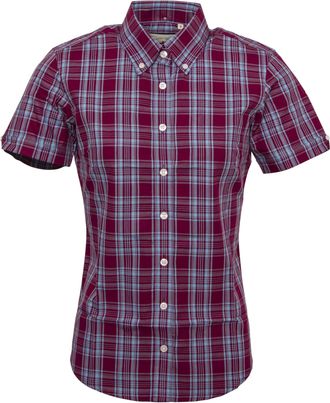 Relco Ladies Retro Check Limited Edition Button Down Short Sleeved Shirts (UK, Numeric, 20, Regular, Regular, Burgundy/Sky Blue)