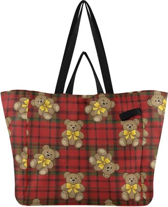 Generic Bear Plaid Red print Reusable Canvas Tote Bag, Heavy Duty Grocery Shopping Bag with Hard Bottom Double Handles Large Capacity Work Groceries Travel