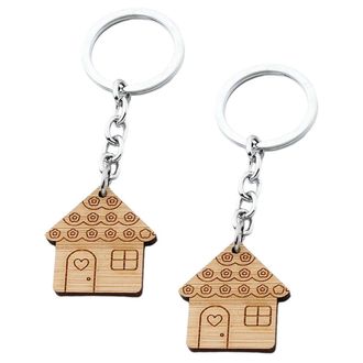 Supvox 2pcs Cute Wooden House Keychains with Heart Pendant, Fun Wood Key Rings for House Keys, Car and Backpack Accessories, Couples Keychain Set for Home Us