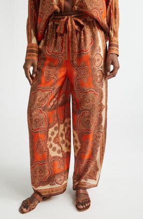 Zimmermann Mahon Paisley Print Habutai Silk Wide Leg Pants in Tangerine Paisley at Nordstrom, Size 0