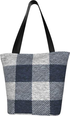 AOOEDM Navy Cream Gingham Reusable Tote Bag Women Casual Handbag Shoulder Bags for Shopping Groceries Travel Outdoors