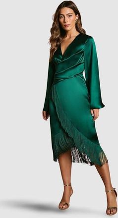 Coast Satin Fringe Hem Wrap Waist Midi Dress in Emerald at Nordstrom, Size 10