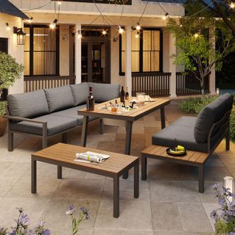 C&A Modern All-Weather Outdoor Lounge Furniture Set for 6-7 People with Ice Bucket,Grey Galvanized Frame