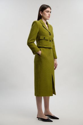 Karen Millen Womens Textured Tweed Belted Tailored Pencil Skirt - Green Cotton - Size 12 UK