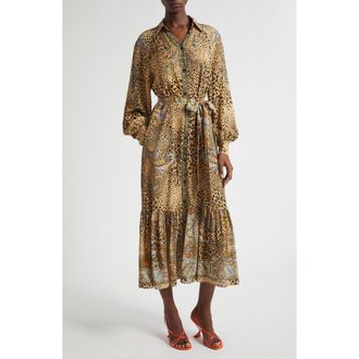 Etro Paisley Leopard Spot Belted Long Sleeve Shirtdress in Dark Brown at Nordstrom, Size 10 Us