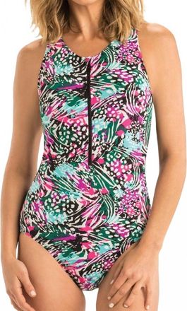 Dolfin Printed Chlorine Resistant Zip Up Racerback One Piece Swimsuit In Dol Wild Hour
