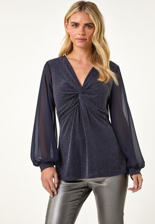 Roman V-Neck Sparkly Cuff Stretch Top