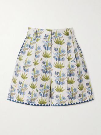 Emporio Sirenuse Shorts In Misto Lino E Cotone Floreale Con Pinces Beatrice Celestine - Blu