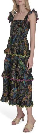 Vince Camuto Floral Ruffle Sleeve Cotton Midi SSundress in Black Multi at Nordstrom, Size 18
