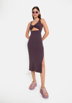 Lascana Midikleid LSCN BY LASCANA, Damen, Gr. 38, N-Gr, lila (pflaume), Rippware, Obermaterial: 97% Baumwolle, 3% Elasthan, unifarben, sehr figurbetont ca. Mi