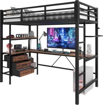 STILVORA Cama Alta Con Led, Escritorio, Usb, 3 Cajones Y Estantes, 90 X 200 Cm, Sin Colch&oacute;n, Negra