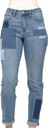 Judy Blue High Waist Double Rolled Cuff Patch Boyfriend Jeans In Light Wash