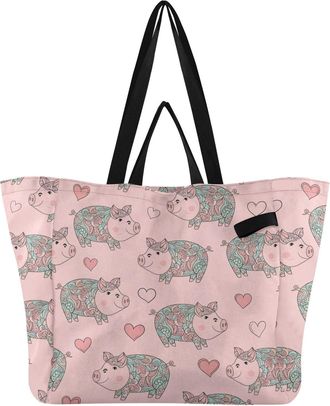 Generic Pig Heart Pink print Reusable Canvas Tote Bag, Heavy Duty Grocery Shopping Bag with Double Handles Hard Bottom Large Capacity Work Groceries Travel