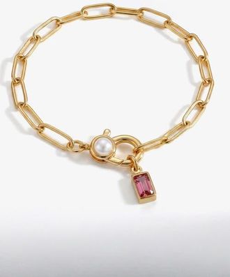 Mint & Lily Paperclip Bracelet with Pearl Accent with Dainty Baguette Birthstone Charm in October Pink Tourmaline at Nordstrom, Size 8