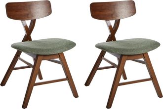 Beliani Conjunto De 2 Sillas De Comedor Asiento Tapizado En Poli&eacute;ster Acolchado Respaldo Y Estructura De Madera De Caucho Comedor Marr&oacute;n Oscuro Y Verde Leland