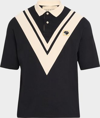 Valentino Garavani Mens Inlaid V Cotton Polo Shirt with Panther Patch