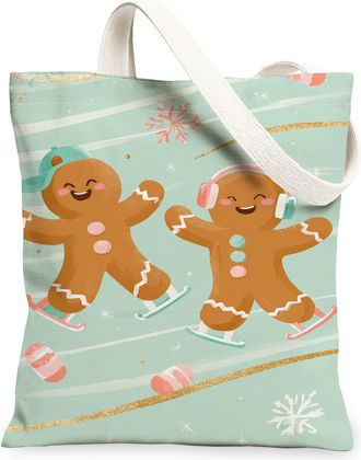 Generic Fanciful Gingerbread Canvas Tote Bags, Cute Holiday Pattern Reusable Bags, Vintage Winter Lightweight Washable Shoulder Strap for Travel Picnic 13x15 