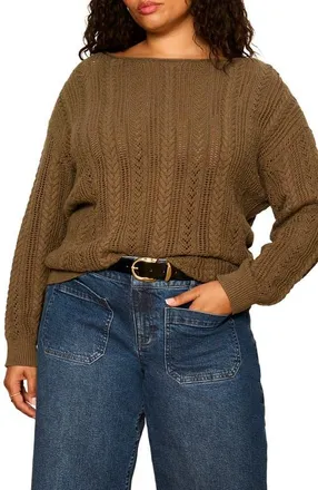 Sanctuary Cable Stitch Pointelle Sweater in Kalamata Green at Nordstrom, Size 3X