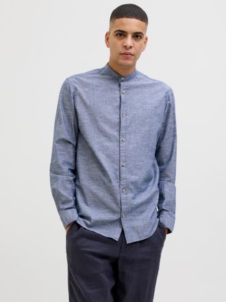Jack & Jones Langarmhemd JACK & JONES JJESUMMER BAND SHIRT LS SN, Herren, Gr. S, N-Gr, blau (faded denim), Web, Obermaterial: 83% Baumwolle, 17% Leinen, unifarben,