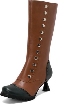 Generic Womens Vintage Colorblock Round Toe Kitten Heel Boots Side Zipper Mid Calf with Studded Decor Brouge Party Performance Shoes (7.5,Brown)