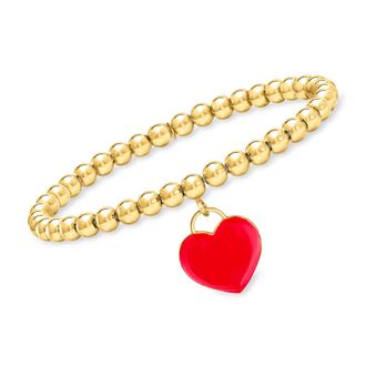 RS Pure by Ross-Simons Italian 5mm 18kt Gold Over Sterling Bead Stretch Bracelet With Red Enamel Heart Charm