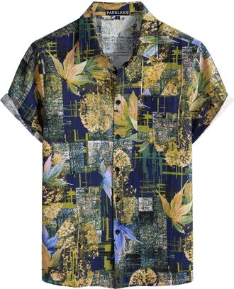 PARKLEES Mens Casual Linen Hawaiian Shirt Short Sleeve Button Down Shirts 70s Hippie Beach Vacation Tops Navy Leaves XXX-Large
