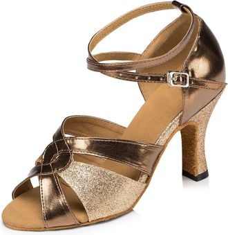 Minitoo Womens Peep Toe Synthetic Ballroom Dance Shoes Evening Sandals L190 Bronze/Gold 8cm Heel UK 4.5