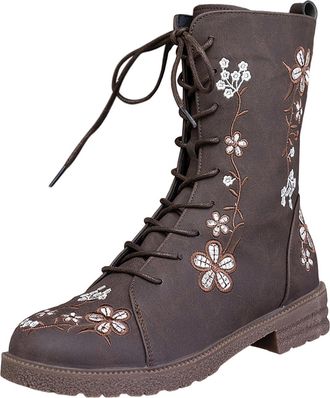 Generic Womens Ankle Boots Flower Embroidery Biker Boot Lace Up Riding Boots Faux Leather Combat Boot Ladies Retro Mid Calf Booties with Side Zipper Shoes Wes
