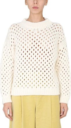 Alysi Net Gebreide Trui met Ronde Hals - Dames - Ronde hals truien - Beige - L - Wol - Truien & Vesten