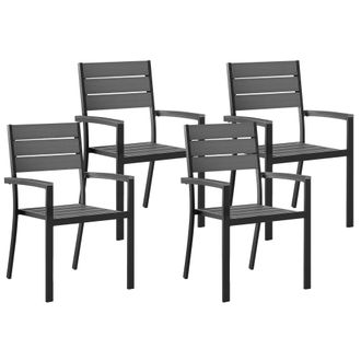 Beliani Conjunto De 4 Sillas De Comedor De Jard&iacute;n De Madera Clara Con Marco De Aluminio Negro Apilable Prato