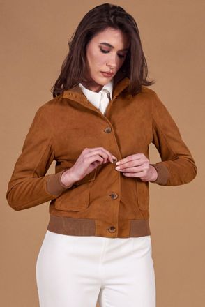 D'Arienzo Bomber in pelle camoscio color cuoio con bottoni DArienzo, Seleziona Taglia XXL, Colore Cuoio
