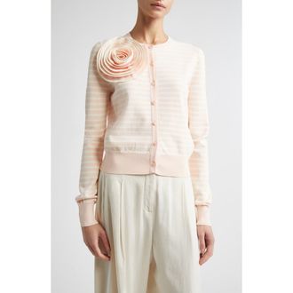 Lela Rose Rose Appliqu&eacute; Stripe Cardigan in Blush Multi at Nordstrom, Size X-Large