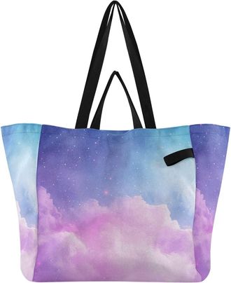 Generic Starry Clouds Pink Sky print Reusable Canvas Tote Bag, Heavy Duty Grocery Shopping Bag with Large Capacity Double Handles Hard Bottom Work Groceries T