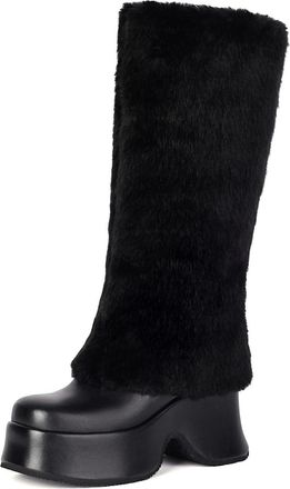 Generic Womens Wedge High Heel Platform Long Boot Round Toe PU Leather Mid-Calf Boots Pull on Warm Winter Boots,Black,2.5 UK