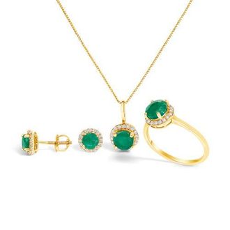 House of Brilliance 10K Gold Gemstone and 3/8 Cttw Diamond Halo Jewelry Set in Yellow | Green Emerald at Nordstrom