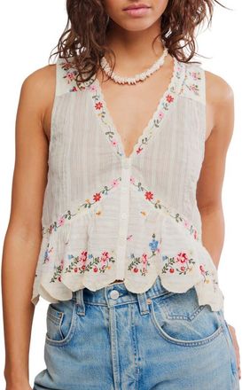 Free People Ellis Embroidered Cotton Button-Up Top in Tea Combo at Nordstrom, Size X-Small