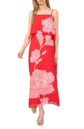 Vince Camuto Floral Tiered Overlay Dress in Lobster Red at Nordstrom, Size X-Small P