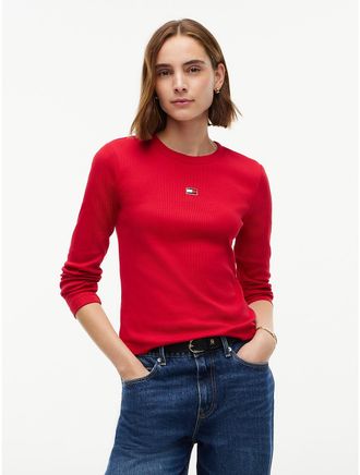 Tommy Hilfiger Womens Embroidered Flag Logo Rib-Knit T-Shirt - Medium Red - XXL