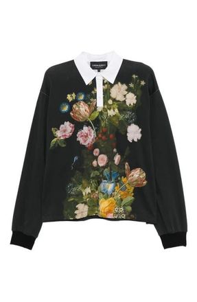 Cynthia Rowley Printed Cotton Rugby Shirt in Black Bouquet at Nordstrom, Size X-Small