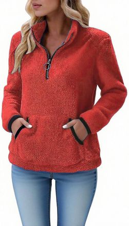 Generic KUIH Womens Fleece Sweatshirts 1/4 Zip Fluffy Pullover Tops Warm Sherpa Fleece Jumper Lapel Half Zip Jumper Long Sleeve Tunics Autumn Winter Clothes L