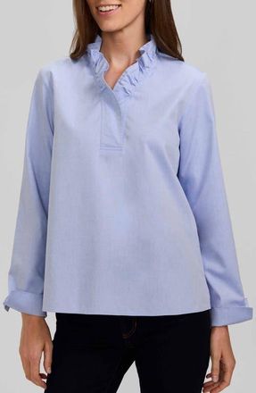 Foxcroft Tammy Ruffled Cotton Popover in Blue Wave at Nordstrom, Size X-Large