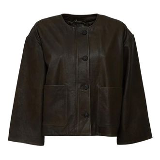 Max Mara Jassen, Dames, Bruin, M, Leer, Crewneck Boxy Jacket