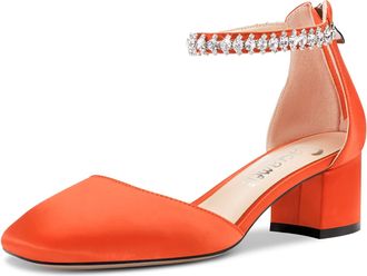 Castamere Women Chunky Block Mid Heel Square Toe Pumps Court Shoe Ankle Strap Diamond Crystal Wedding Party Sexy Dress 5 CM Heels Orange 7.5 UK