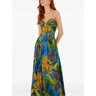Farm Rio Blue Banana Grapes 3d Bodice Sleeveless Maxi Dress