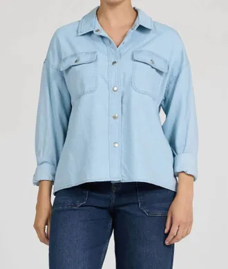 Dear John Denim Adrianna Button Up Long Sleeve Boxy Shirt In Chambray