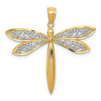 Diamond2Deal 14k Yellow Gold with Rhodium Dragonfly Pendant