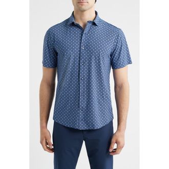 Johnston & Murphy XC+ Motion Geo Print Short-Sleeve Performance Knit Button-Up Shirt in Navy Petal at Nordstrom, Size Xx-Large